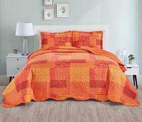 Grand Linen F1572 3-piece Size Quilt Set 90 Inch X 88 All Full Orange Red Patchwork