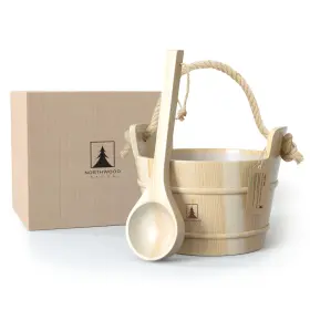 Kd-005a Northwood Sauna Bucket And Ladle Set - Handmade From Finnish Pine Wood Natural Rope
