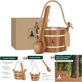 Northwood Sauna Bucket Ladle 1 6 Handmade Canadian Red Cedar 1.6 Gallons Natural Rope Handle